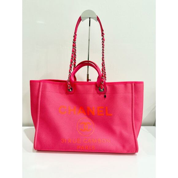 Chanel Deauville Extra Large Neon Pink/Orange  Canvas Tote Shopper Bag - Picture 2 of 16